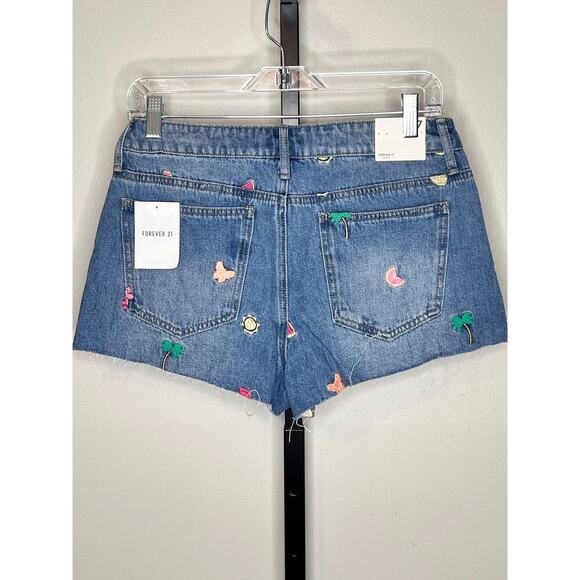 Forever 21 Tropical Fruit Palm Tree Embroidered Cut Off Mid Rise Jean Shorts NWT - Picture 3 of 9